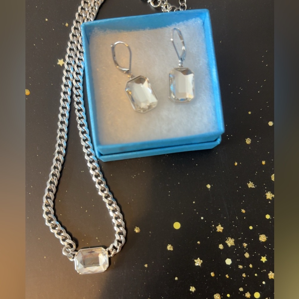 Touchstone Crystal Silver Necklace and Earring Set with Clear Stones